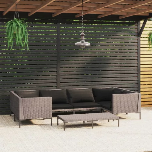  7 részes sötétszürke polyrattan kerti bútorszett párnákkal