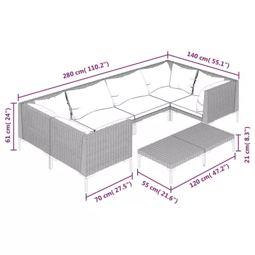  7 részes sötétszürke polyrattan kerti bútorszett párnákkal