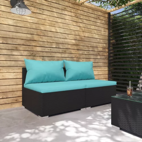  2 részes fekete polyrattan kerti ülőgarnitúra párnákkal