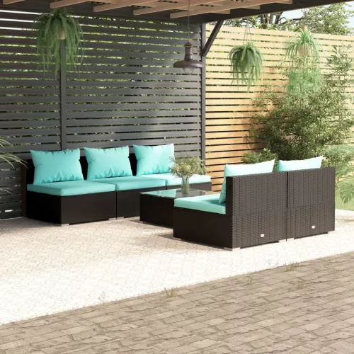 6 részes fekete polyrattan kerti ülőgarnitúra párnákkal