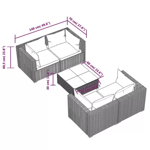  5 részes fekete polyrattan kerti ülőgarnitúra párnákkal