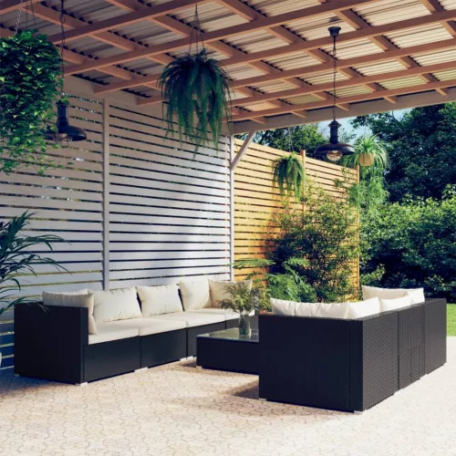  8 részes fekete polyrattan kerti ülőgarnitúra párnákkal