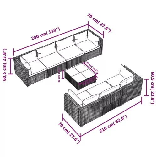  8 részes fekete polyrattan kerti ülőgarnitúra párnákkal