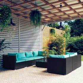    8 részes fekete polyrattan kerti ülőgarnitúra párnákkal