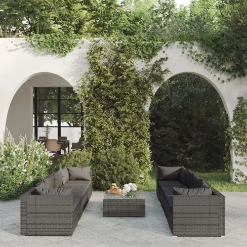  9 részes szürke polyrattan kerti ülőgarnitúra párnákkal