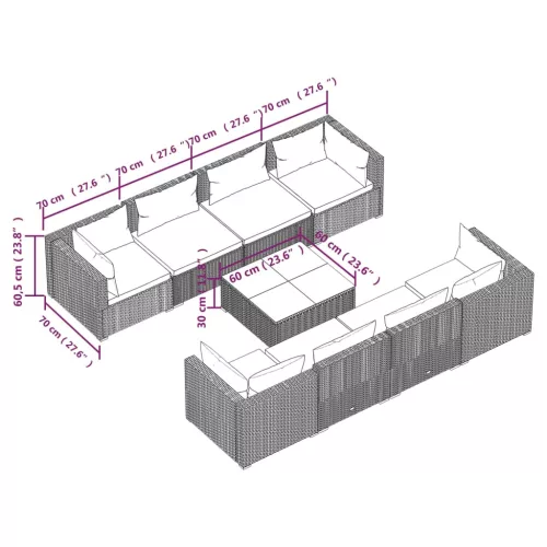  9 részes szürke polyrattan kerti ülőgarnitúra párnákkal
