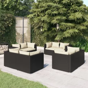    8 részes fekete polyrattan kerti ülőgarnitúra párnákkal