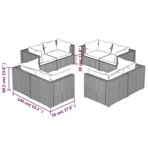 8 részes fekete polyrattan kerti ülőgarnitúra párnákkal