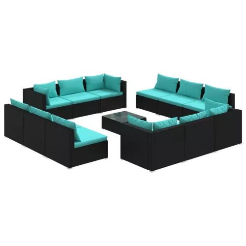 13 részes fekete polyrattan kerti ülőgarnitúra párnákkal
