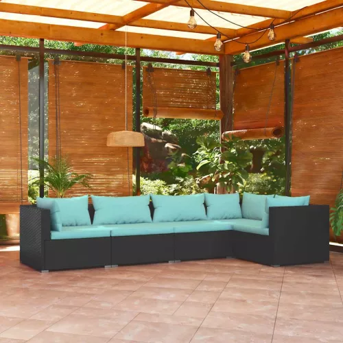  5 részes fekete polyrattan kerti ülőgarnitúra párnákkal
