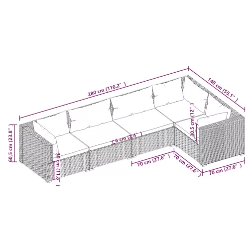  5 részes fekete polyrattan kerti ülőgarnitúra párnákkal