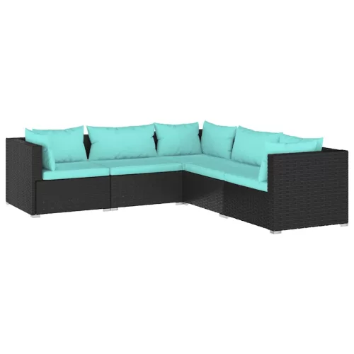  5 részes fekete polyrattan kerti ülőgarnitúra párnákkal