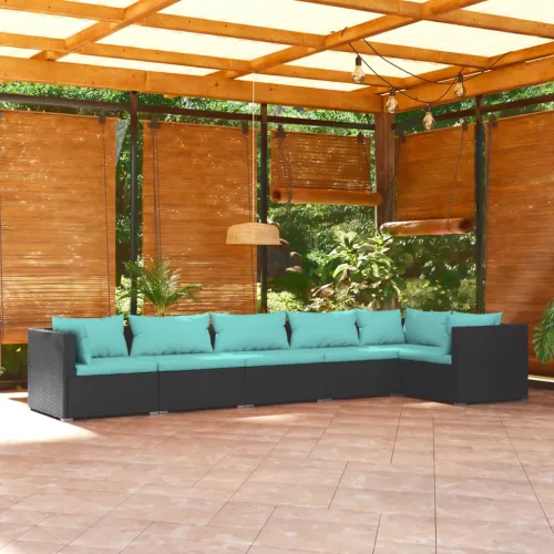  6 részes fekete polyrattan kerti ülőgarnitúra párnákkal
