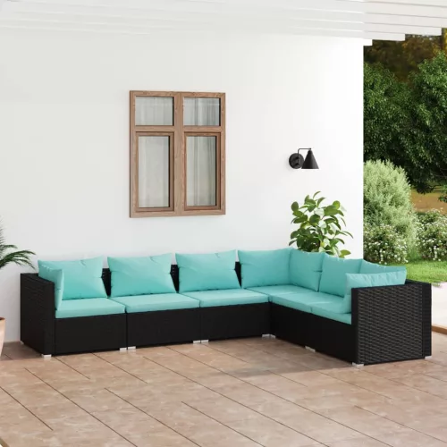  6 részes fekete polyrattan kerti ülőgarnitúra párnákkal