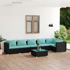    7 részes fekete polyrattan kerti ülőgarnitúra párnákkal