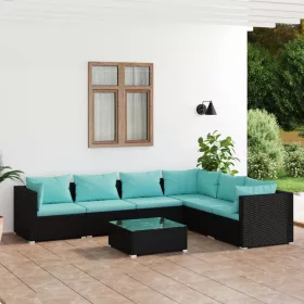    7 részes fekete polyrattan kerti ülőgarnitúra párnákkal