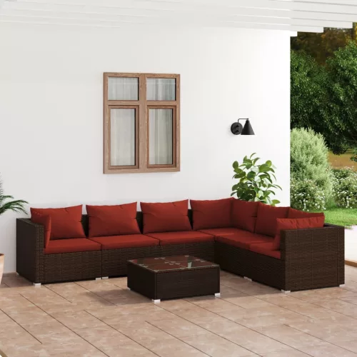  7 részes barna polyrattan kerti ülőgarnitúra párnákkal