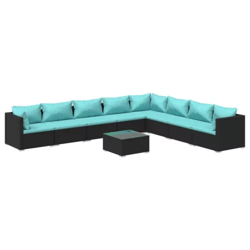  9 részes fekete polyrattan kerti ülőgarnitúra párnákkal