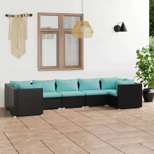  7 részes fekete polyrattan kerti ülőgarnitúra párnákkal