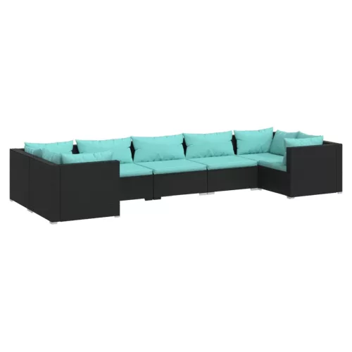  7 részes fekete polyrattan kerti ülőgarnitúra párnákkal