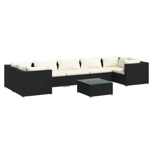  8 részes fekete polyrattan kerti ülőgarnitúra párnákkal