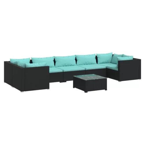  8 részes fekete polyrattan kerti ülőgarnitúra párnákkal