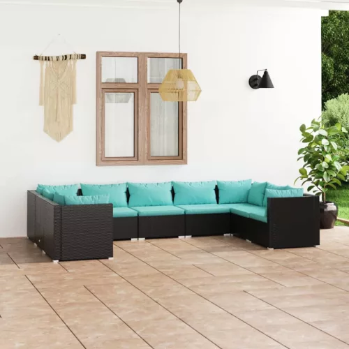 9 részes fekete polyrattan kerti ülőgarnitúra párnákkal