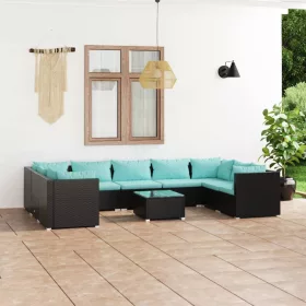    10 részes fekete polyrattan kerti ülőgarnitúra párnákkal