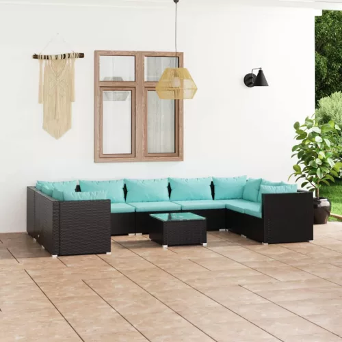  10 részes fekete polyrattan kerti ülőgarnitúra párnákkal