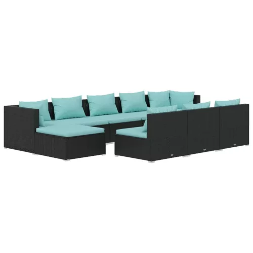  10 részes fekete polyrattan kerti ülőgarnitúra párnákkal