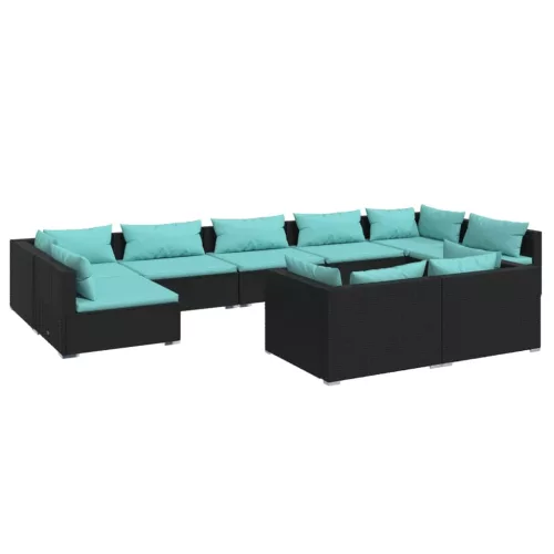  9 részes fekete polyrattan kerti ülőgarnitúra párnákkal
