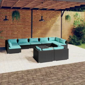    10 részes fekete polyrattan kerti ülőgarnitúra párnákkal