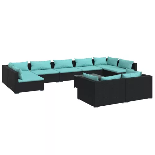  10 részes fekete polyrattan kerti ülőgarnitúra párnákkal