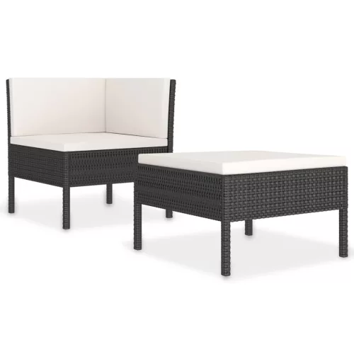  2 részes fekete polyrattan kerti bútorszett párnákkal