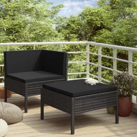  2 részes fekete polyrattan kerti bútorszett párnákkal