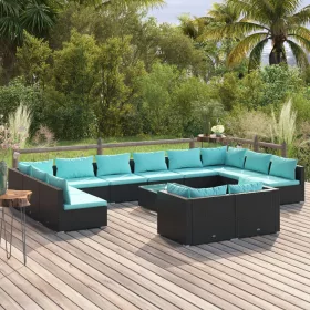    13 részes fekete polyrattan kerti ülőgarnitúra párnákkal