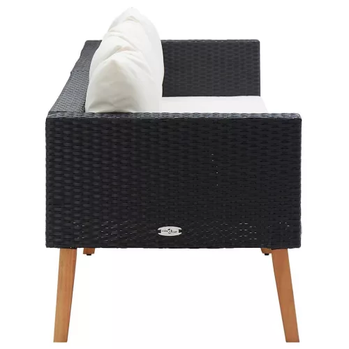  háromszemélyes fekete polyrattan kerti kanapé párnákkal