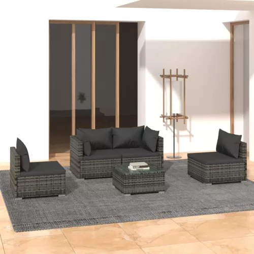  5 részes szürke polyrattan kerti ülőgarnitúra párnákkal