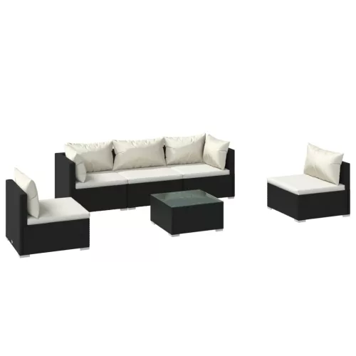  6 részes fekete polyrattan kerti ülőgarnitúra párnákkal