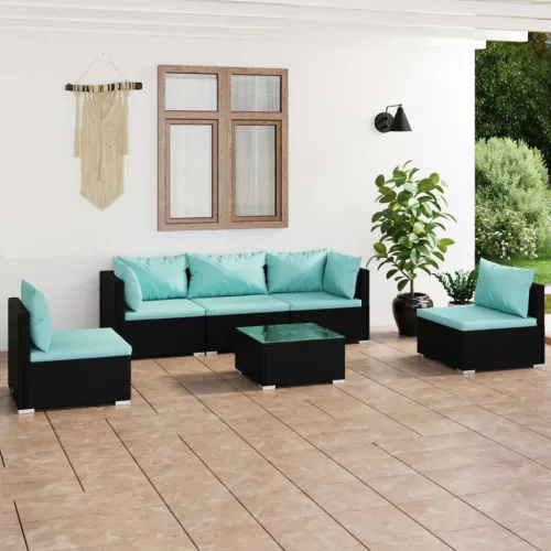 6 részes fekete polyrattan kerti ülőgarnitúra párnákkal