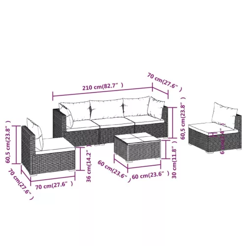  6 részes fekete polyrattan kerti ülőgarnitúra párnákkal