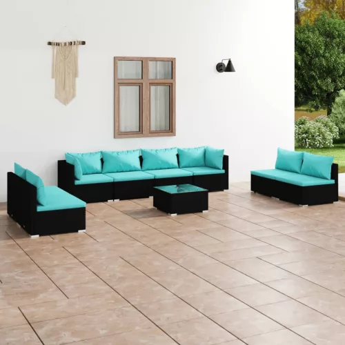  9 részes fekete polyrattan kerti ülőgarnitúra párnákkal