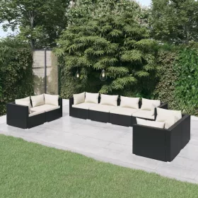    8 részes fekete polyrattan kerti ülőgarnitúra párnákkal