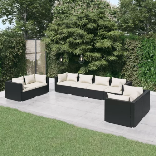  8 részes fekete polyrattan kerti ülőgarnitúra párnákkal