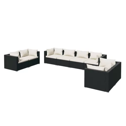  8 részes fekete polyrattan kerti ülőgarnitúra párnákkal