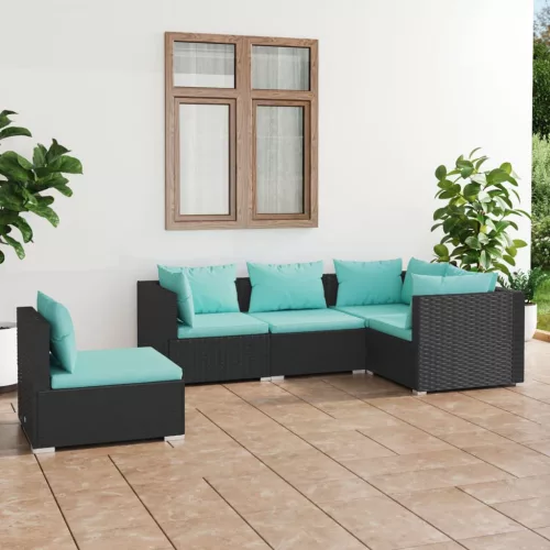  5 részes fekete polyrattan kerti ülőgarnitúra párnákkal