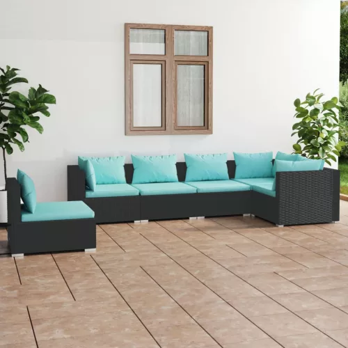  6 részes fekete polyrattan kerti ülőgarnitúra párnákkal