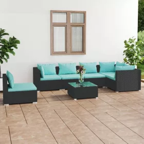    7 részes fekete polyrattan kerti ülőgarnitúra párnákkal