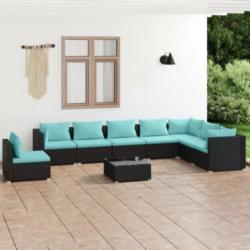  9 részes fekete polyrattan kerti ülőgarnitúra párnákkal