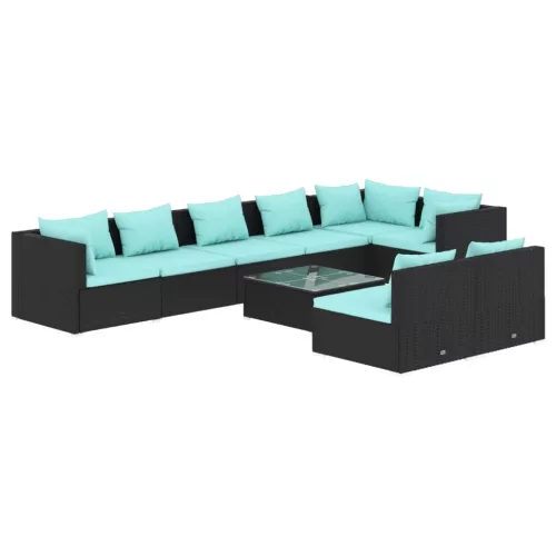  9 részes fekete polyrattan kerti ülőgarnitúra párnákkal